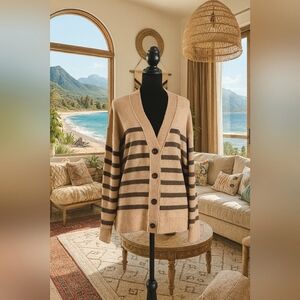 Casual 1XL Preppy Coastal Grandma Knit Striped Cozy Cardigan Sweater New
